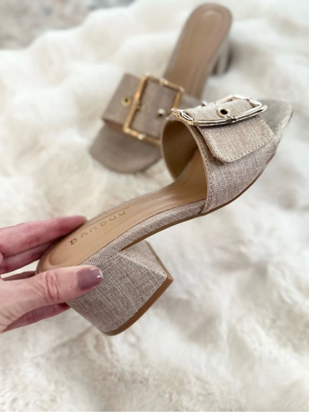 BAMBOO Neutral Taupe Buckle Block Heel Mules